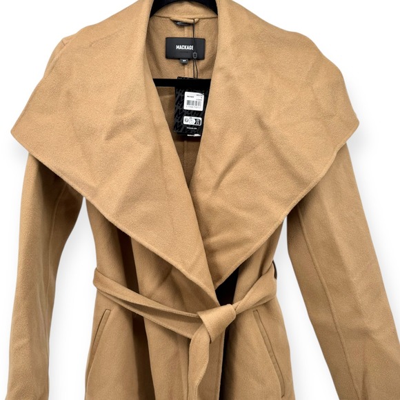 NWT Mackage Mai Lightweight Wrap Wool Coat in Light Camel $1,090 - Size Small - Picture 7 of 15